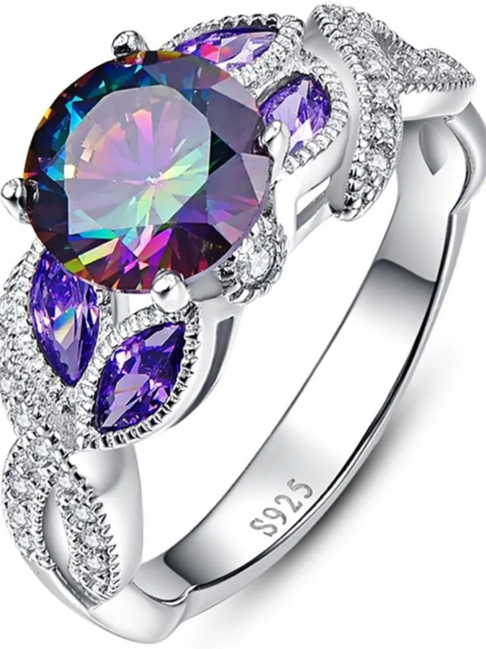 Stunning 3.6ct Sterling Silver Rainbow Topaz & Sapphire Engagement Ring, Size